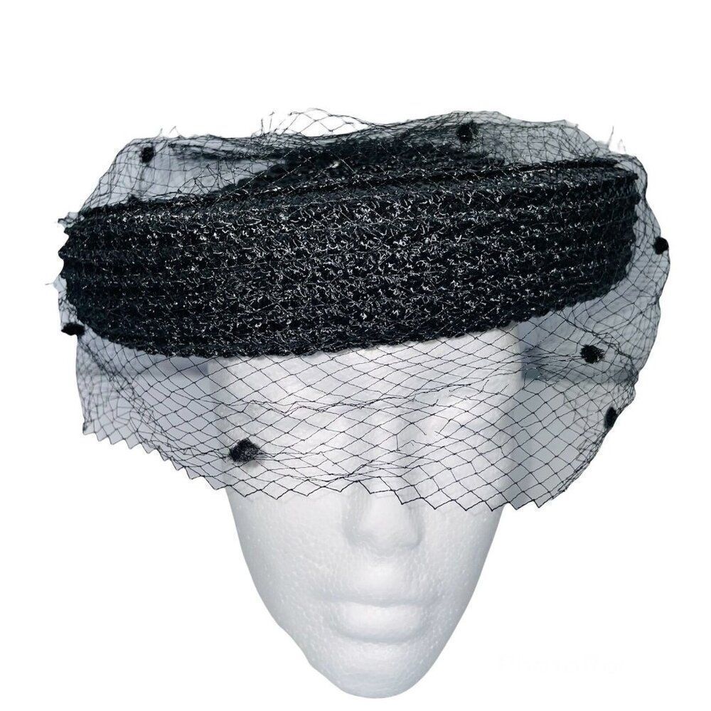 Vintage Womens Hat Black Pillbox Church Netting Bow Wedding Costume Theatre